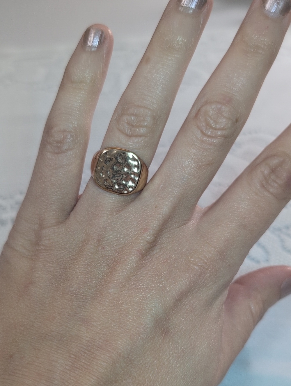 Gold-Tone Textured Signet Ring - Size 7